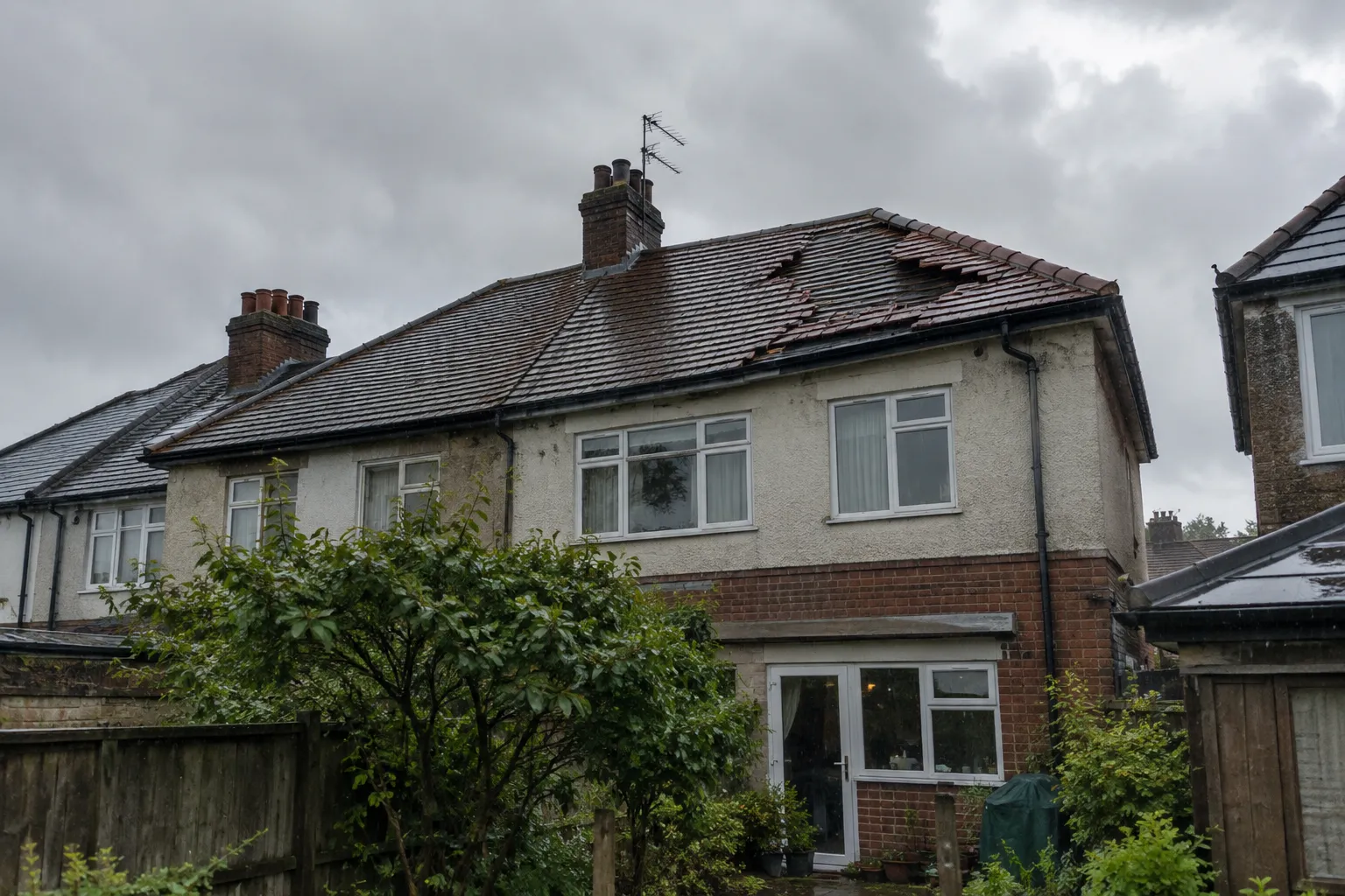 Storm-damaged roof with slipped and missing tiles