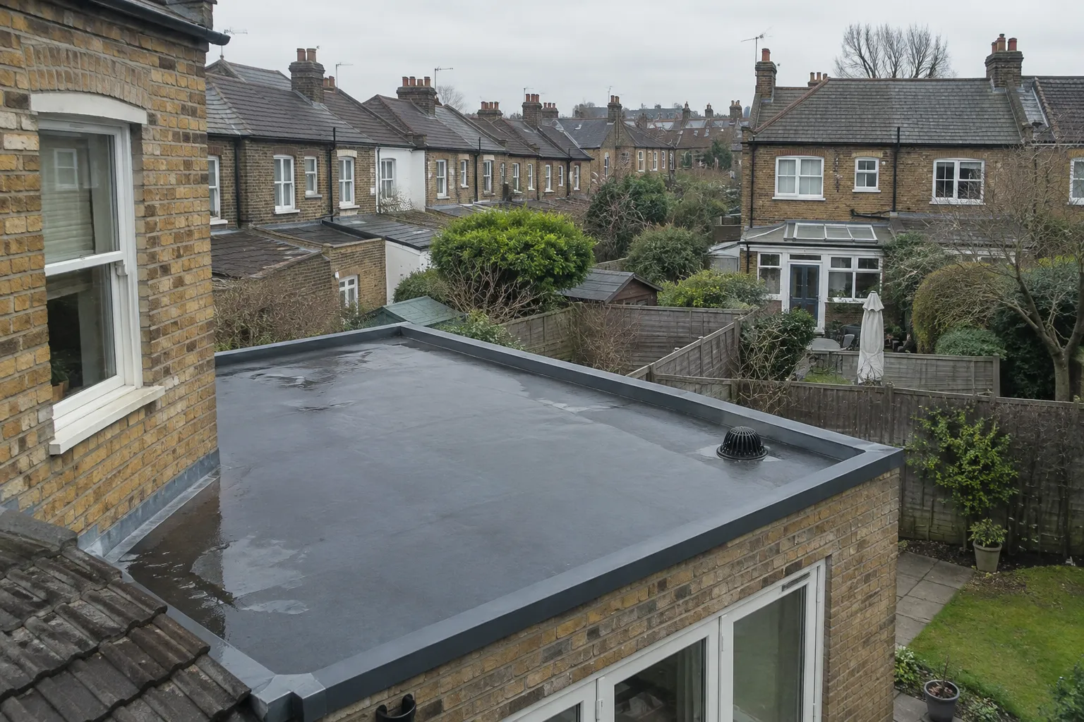 Flat roof on a house extension with a drain outlet